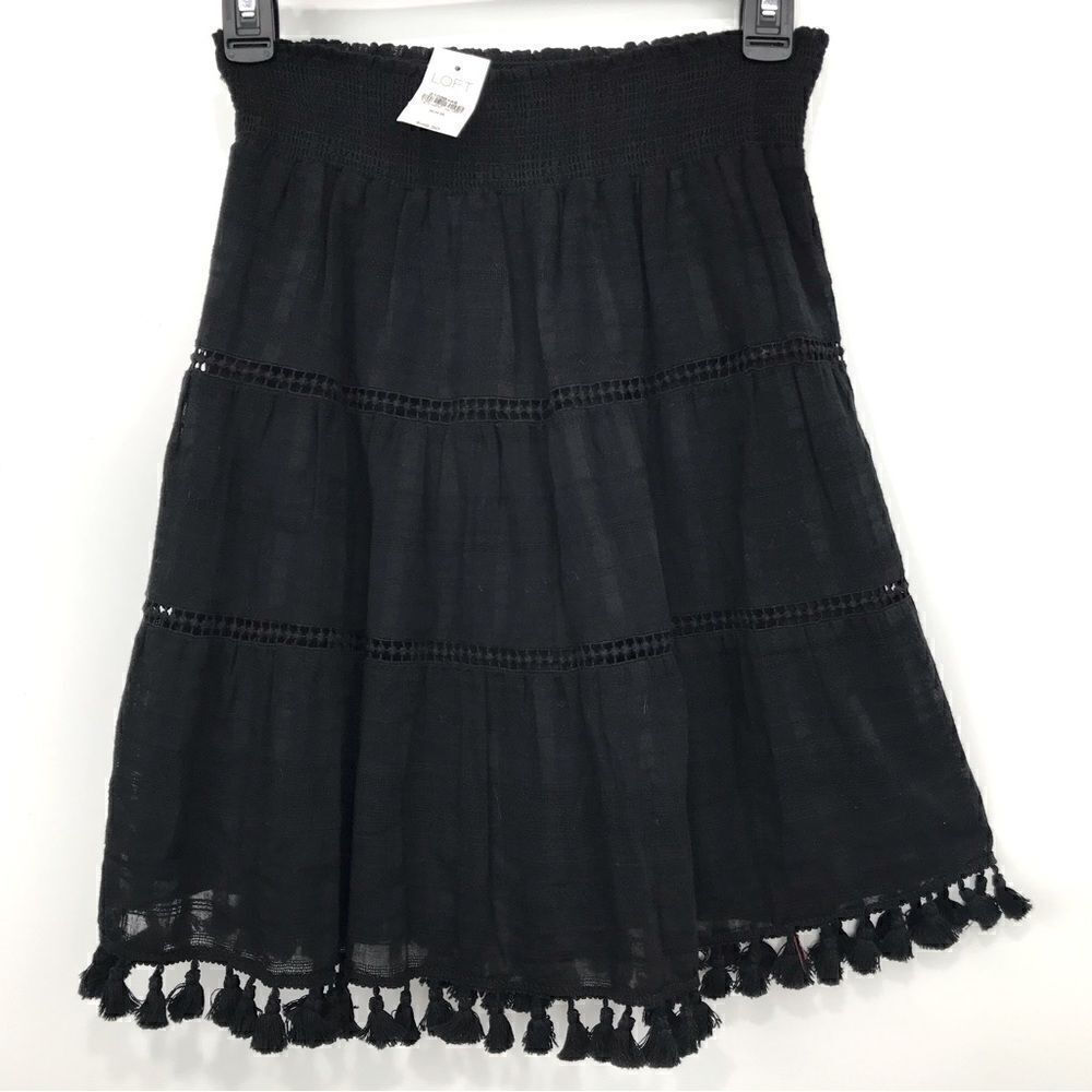 LOFT Black Tassel Hem Peasant Mini Skirt